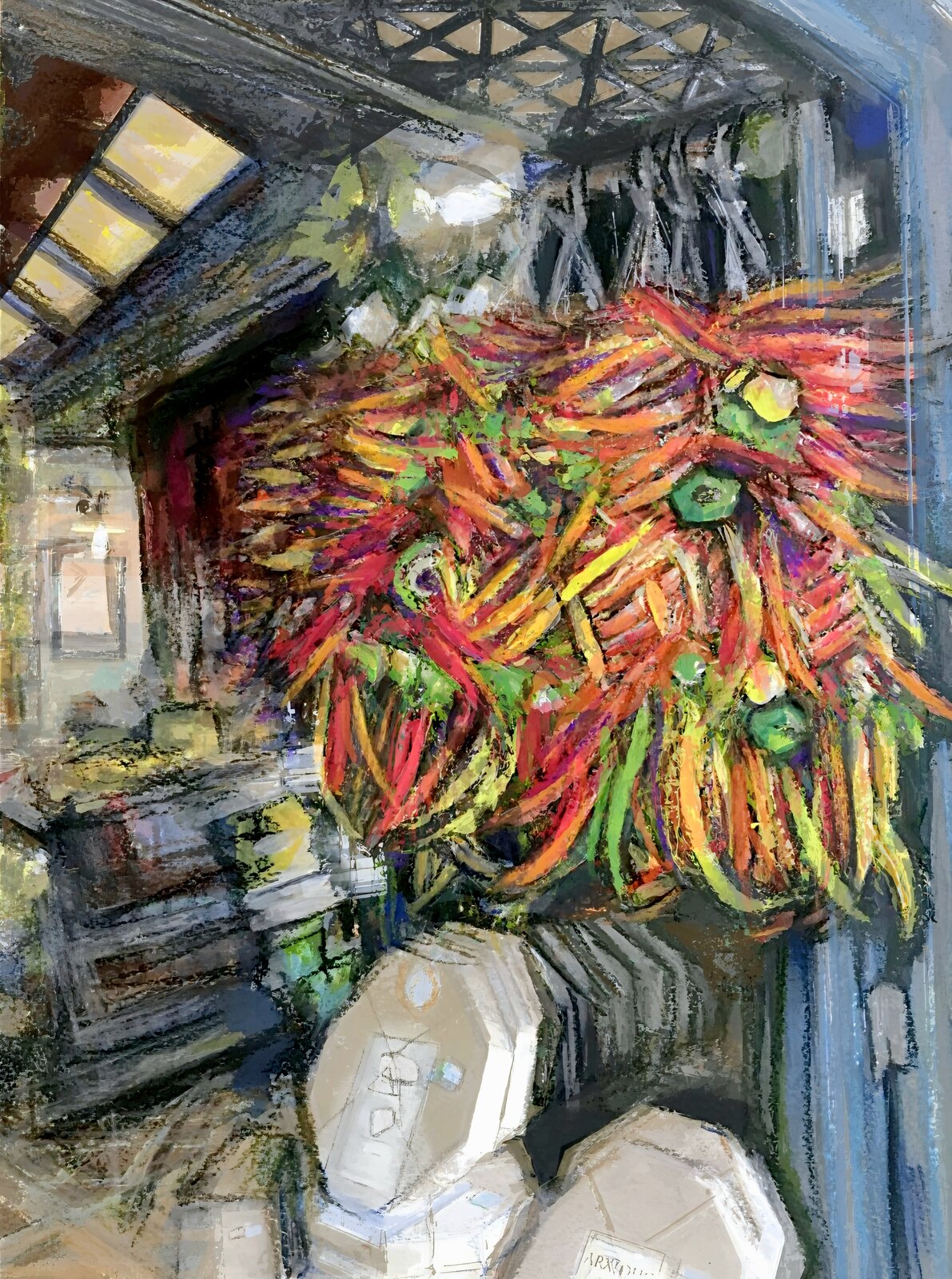 Pastel and coloured pencil on paper drawing of peppers arranged to convey bright hues and organic shapes.