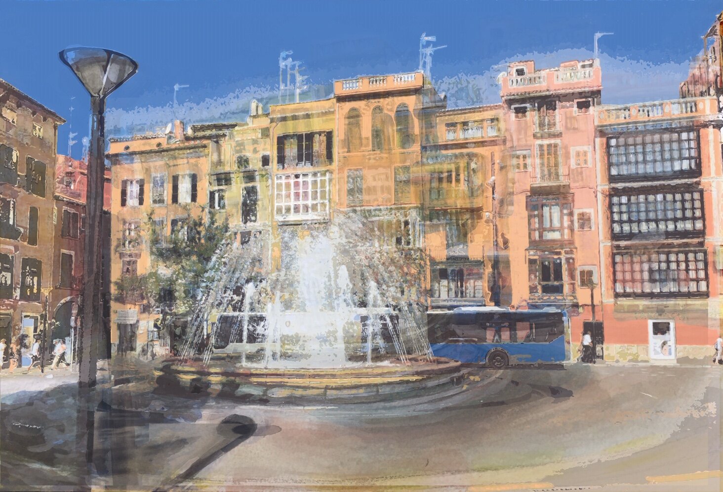 Palma's Placa Major with warm light, layered colour and expressive architectural lines.