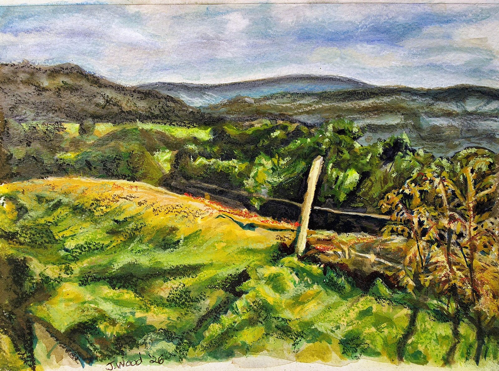 Landscape view towards Honley from Thurstonland with bright foreground greens, dark wooded slopes and distant hills.