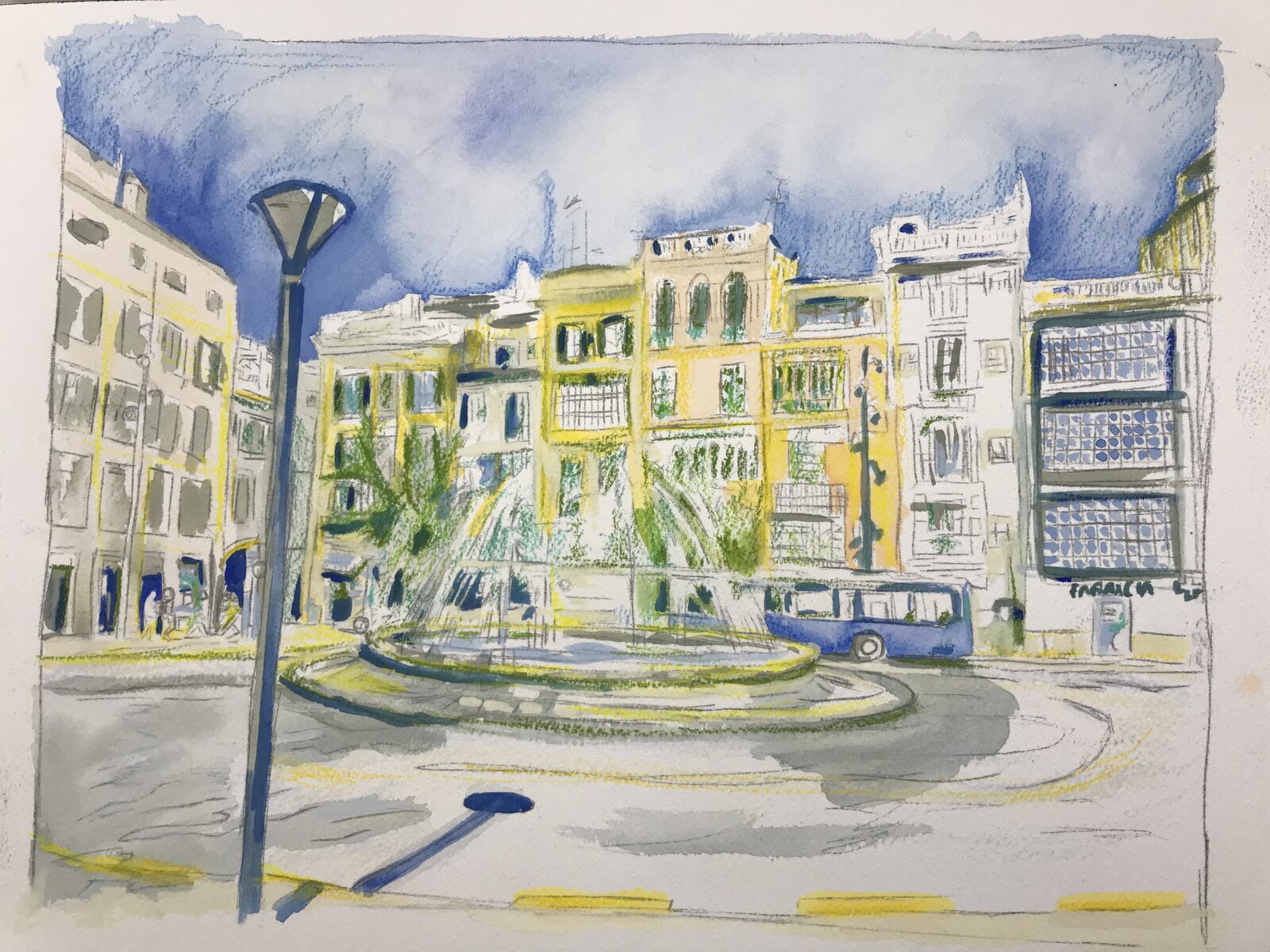 Process image of Placa Major, Palma, Mallorca with warm light and architectural lines developing.