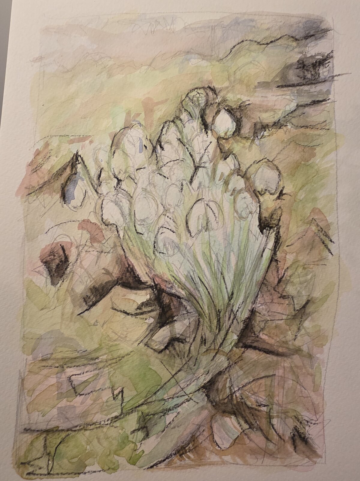 Process image of Snowdrops in Hawes showing layered washes and emerging snowdrops.