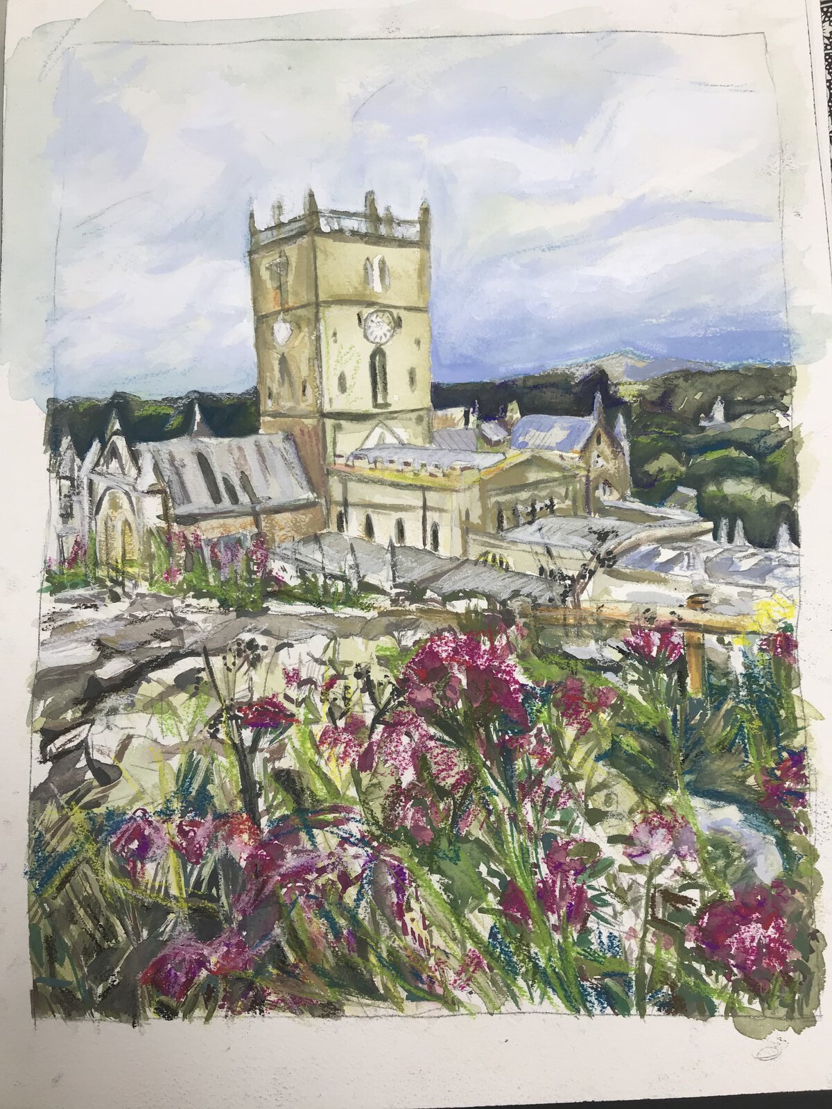 Process image of St David's Cathedral with architectural forms and layered texture.