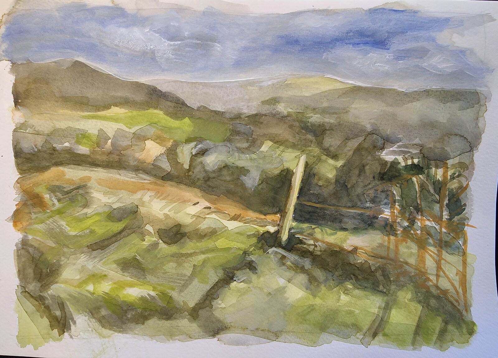 Work in progress of View towards Honley from Thurstonland with layered greens, wooded slopes and distant hills.