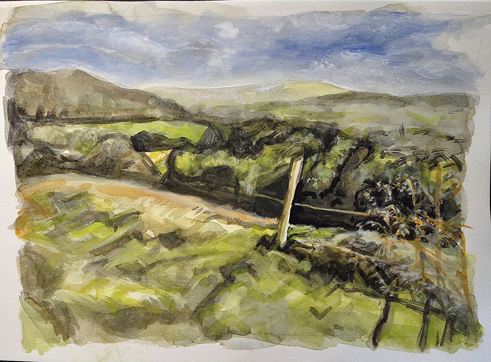 Work in progress of View towards Honley from Thurstonland with layered greens, wooded slopes and distant hills.