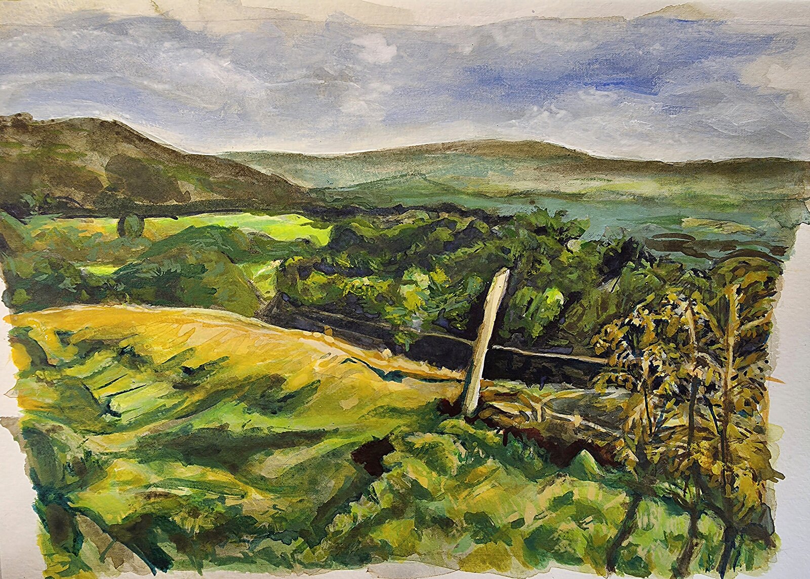 Work in progress of View towards Honley from Thurstonland with layered greens, wooded slopes and distant hills.