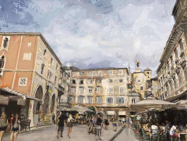 Layered townscape of Split's old town with vibrant colour and textured marks.